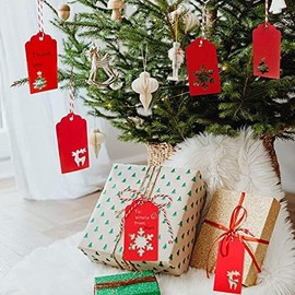 100pcs Christmas Kraft Paper Gift Tags, Red Gift Tags with Hollow Snowflake, Christmas Tree, Elk, Xmas Gift Labels with Strings for Gift Presents Wrapping, DIY Crafts, Christmas Tree Hanging Ornaments