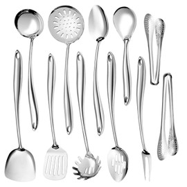 304 Stainless Steel Kitchen Utensil Set,11 Pcs Stainless Steel Cooking Utensil,Long Metal Cooking Utensil Gadgets Tools Set with Spatula, Spoon,Skimmer,Tongs etc (Dishwasher Safe)