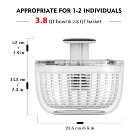 Ourokhome Salad Spinner Lettuce Dryer, One-handed Easy Press Large Vegetable Dryer Salad Mixer with Comfortable and Retractable Pusher and Brake Button for Greens, Herb, Berry, Fruits, 3.8 QT, Black