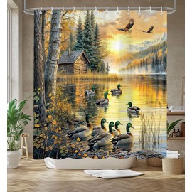 Rustic Cabin Shower Curtain, Retro Country Farmhouse Duck Natural Forest Lake Scenery Bath Curtain for Bathroom, Woodland Hunting Wildlife Theme Waterproof Fabric Shower Curtain Set 12 Hooks 72X72IN