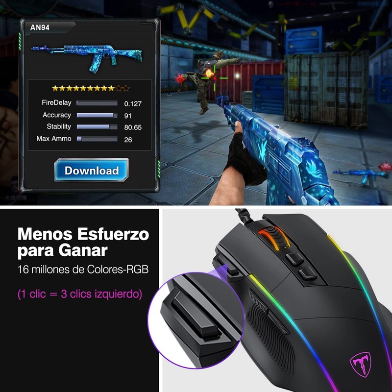 TERPORT S608 Mouse Gaming con Iluminación RGB Personalizable, Hasta 8000