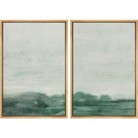 MUDECOR Framed Canvas Print Wall Art Set Watercolor Pastel Green Blue Landscape Abstract Shapes Illustrations Modern Art Decorative Contemporary for Living Room, Bedroom, Office - 24"x36"x2 Natural