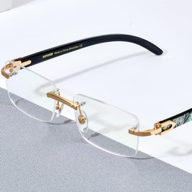 HEPIDEM 100% Really Buffalo Horn and Mussel Shell Rimless Eyeglass Frame 908 (908 Black Horn Wave Circle Shell)