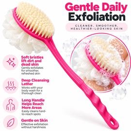 2-in-1 Long Handle Bath Brush with Soft Loofah & Bristles, Curved Back Scrubber for Gentle Body Exfoliation, Shower & Daily Skin Care