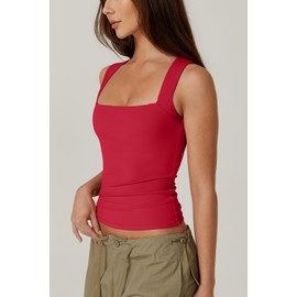 QINSEN Women's Square Neck Sleeveless Double-Layer Tank Tops Basic Tight T Shirts Red XS