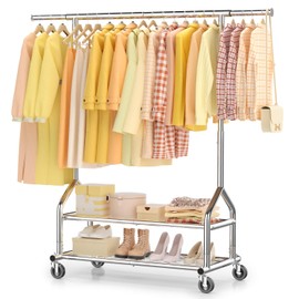 EAGMAK Heavy Duty Clothes Rack Load 556 LBS, Rolling Clothing Rack With Shelves, Height Adjustable Metal Clothes Hanger with Wheels Portable Wardrobe Organizer Garment Rod for Hanging Clothes (Silver)