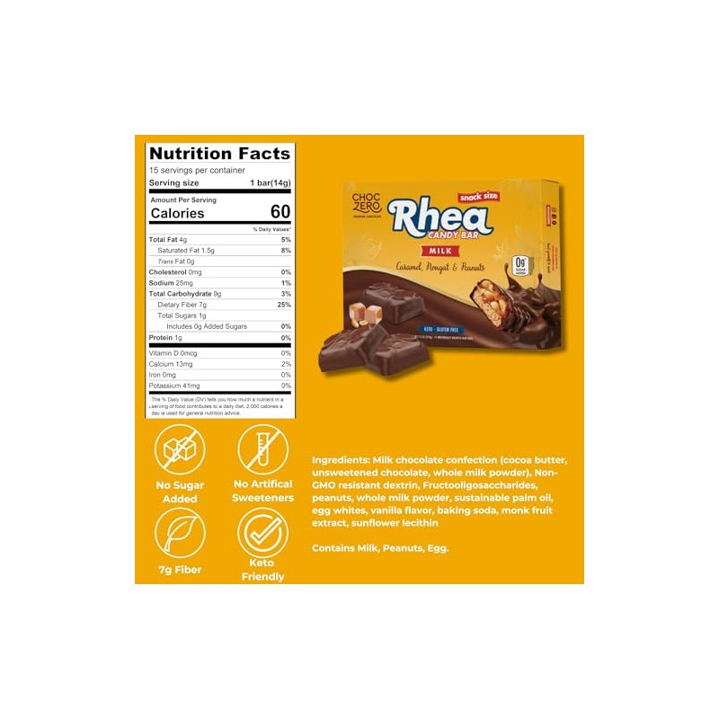 ChocZero Milk Chocolate Peanut & Caramel Nougat Candy Bar, Zero
