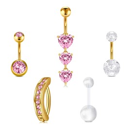 Briana Williams 5pcs 14G Belly Button Bar Ring Gold Stainless Steel Navel Piercing 10mm Pink Heart CZ Belly Jewelry for girl women
