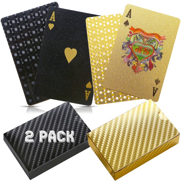 BETTERLINE 2 Poker Decks Playing Cards Patterned Design Black and Gold Foil - Durable and Flexible Waterproof Plastic Coated Cards