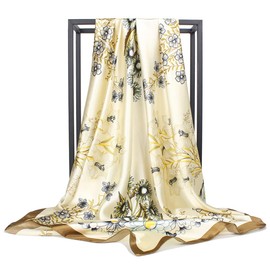 35 inches Silk Feeling Formal Large Square Neck Scarf Head Hair Wraps Handkerchief for Women Girls(Beige Flowers)