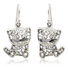 NOVICA Artisan Handmade Sterling Silver Dangle Earrings Cat Statement Thailand Animal Themed [1.3 in L x 0.7 in W] ' Filigree Kitten'