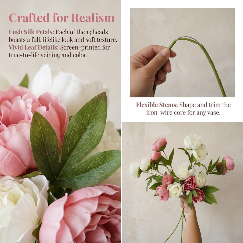 Faux Silk Peonies Artificial Flowers (4, Old Rose White)