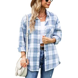 Agoeast Womens Oversized Button Down Plaid Flannel Shirts Casual Long Sleeve Checked Blouse Top(0068-Blue-S)