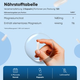 Magnesiumcitrat gepuffert - 240 vegane Kapseln - 444mg Elementares Magnesium pro Portion - 4 Monate Vorrat - Magnesium Citrate Capsules - Alternative zu Tabletten oder Pulver - von WeightWorld