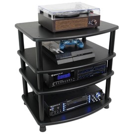 Rockville FLX Black Adjustable Height 4 Shelf Home Theater Audio Rack Stand, 24"x18", 300lb Limit, Steel Tubes, Perfect for Home Theaters, Studios