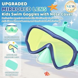 Vvinca - anteojos de natación para niños con funda para la nariz, antiempañamiento/UV para niños y niñas de 3 a 15, correa de tela sin tirones de pelo