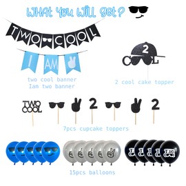 Two Cool Birthday Party Decorations Supplies, Two Cool Banner Cake Topper, I AM TWO Banner, Two Cool Balloons for Little Man Sunglasses 2nd Birthday Boy Party Supplies Decoration
