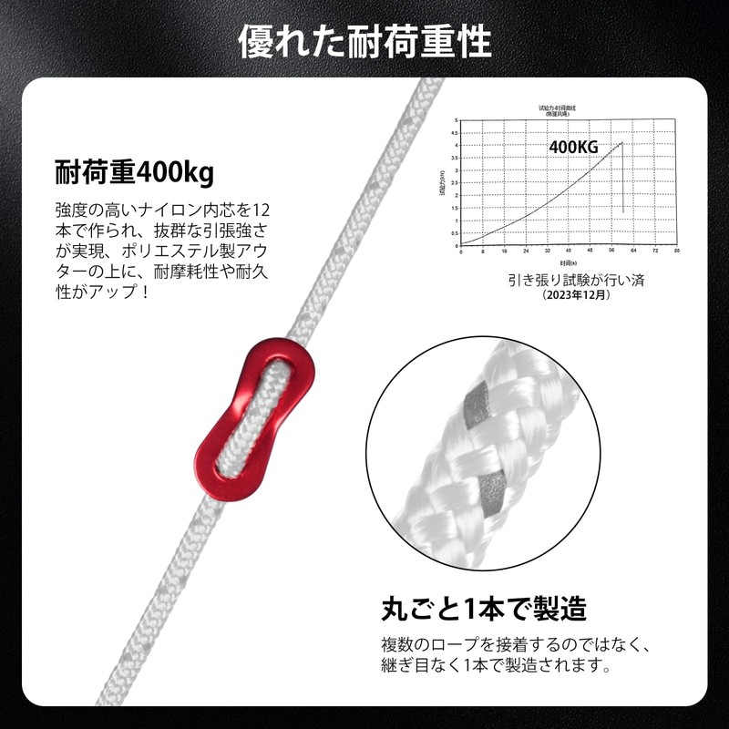 パラコード ガイロープ 4mm 反射 テントロープ - 耐荷重400kg 12芯 30m巻 自在金具付き