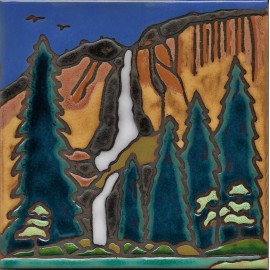 Handpainted by Elany - artist @ Pacific Blue Tile Ceramic Tile Yosemite Falls hot plate wall decor installation back splash mural