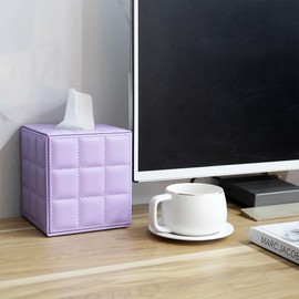 Purple Square Tissue Box Cover – Modern Leather Cube Facial Tissue Holder for Bathroom, Living Room and Office Decor