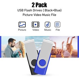 128GB USB Memory Stick 2 PACK USB 2.0 Flash Drive Pen Drive Swivel Design Photo USB Sticks Fold Storage (Blue Black With Lanyard)