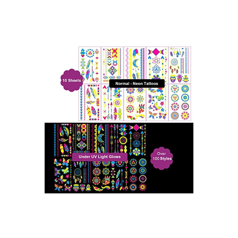 HASTHIP® 10 Hojas Tatuajes Temporales Luminosos en la Oscuridad,Pegatinas UV