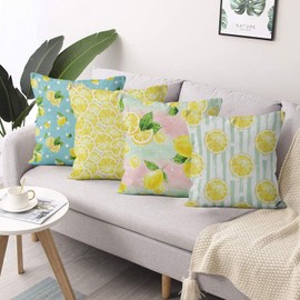 ASDCXZ Cushion Cover 40x40 cm 4pcs Set, Summer Fruit Yellow Lemon Green Leaves Blue Rose Sofa Cushion Covers Cushion Covers Washable Polyester Flax Textile Outdoor Pillow Cover Cushion Cover