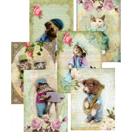 VINTAGE INSPIRED CAT STATIONERY SET GLOSSY BLANK IVORY ENVELOPES ORGANZA BAG