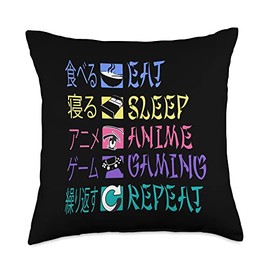 Kawaii Anime Merch Manga For Men Women Kids Eat Sleep Gaming Repeat Kawaii Otaku Anime Manga Kanji Throw Pillow, 18x18, Multicolor