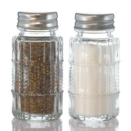 Wongblee 2 Pack Glass Salt and Pepper Shakers Set with 304 Stainless Steel Lid, Vintage Spice Shakers for Dining Room Table, Kitchen, Restaurant(Round-Beaded)