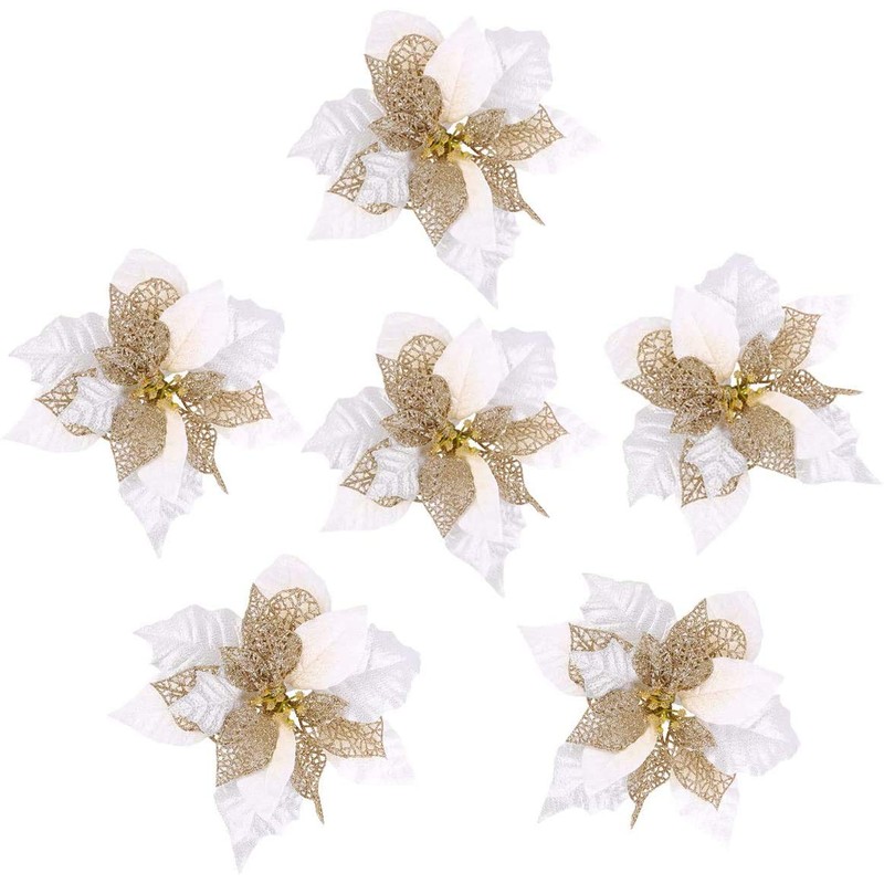 jim`s cabin Artificial Flowers Pack of 12 Glitter Poinsettias for