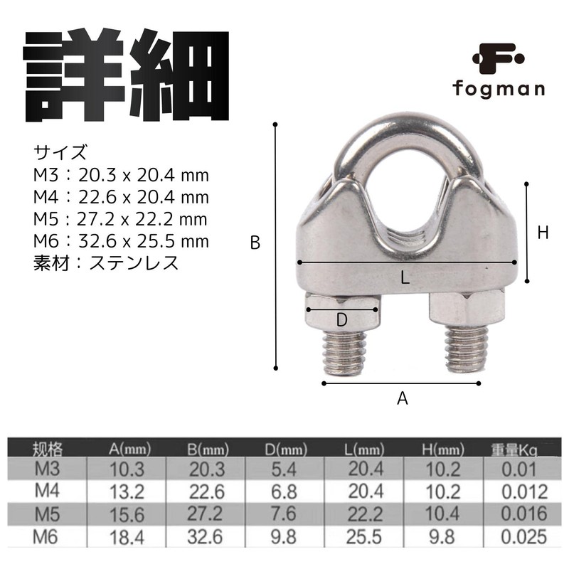 fogman Wire Clips, M3, M4, M5, M6, Rope Stop, Stainless