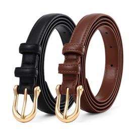 XZQTIVE 2Pack Thin Women Belt 0.7" Fashion Skinny Ladies Waist Belt for Jeans Pants Dress with Gold Buckle,Fits Waist Size 42"-46"(Black+Coffee)