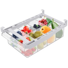 Tigerkinwit Fridge Organiser Transparent Partition Layer Organiser Adjustable Storage Shelf Clamp Drawer Organisers with Handles for Fridge Cupboards Shelves Sink Vegetables (8 Compartments)