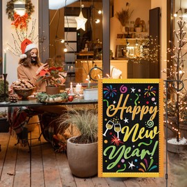 Wodison Happy New Year Garden Flag 12 x 18 Inch Double Sided Outside, Small Burlap Fireworks Celebration New Years Flag for Party Yard Outdoor Decoration