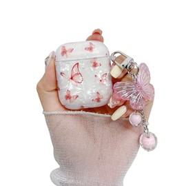 leobray Compatible with AirPods 1&2 Case for Women Girls,Cute Pink Butterfly Shell Design Soft TPU Case with Keychain Anti-dust Shockproof Protective Cover for AirPods 1&2