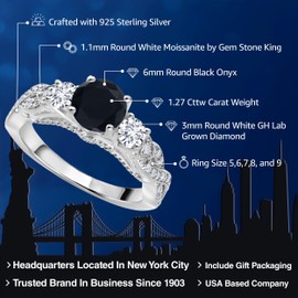 Gem Stone King 925 Sterling Silver Black Onyx White Lab Grown Diamond and White Moissanite Engagement Ring For Women (1.27 Cttw, Gemstone December Birthstone, Round 6MM and 3MM) (Size 7)