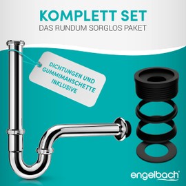 Engelbach® Siphon for washbasins, extra long 200 mm, drain pipe, sink 1 1/4 inch including rubber sleeve, universal syphon for bathroom with mounting video