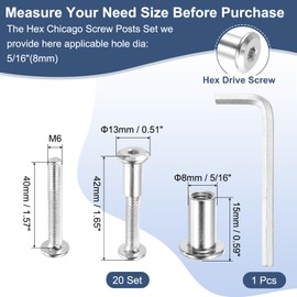 sourcing map Hex Drive Socket Cap Bolt, 20 Set Binding Screw Posts Fit for 5/16"(8mm) Hole Dia Male M6 x 40mm Carbon Steel Binding Bolts with Hex Wrench for Leather Scrapbook Furniture