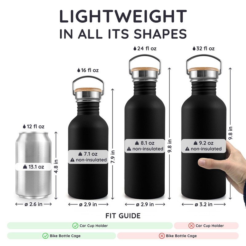 Bambaw 16 oz Stainless Steel Water Bottle, Black - Non-insulated,