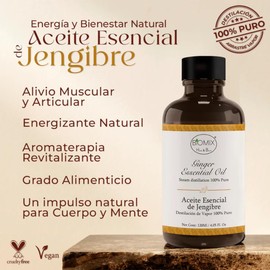 Aceite Esencial de Jengibre 100% Puro, Grado Cosmético, Alimenticio y Terapéutico 120 Ml