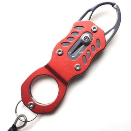 FOUMESU Stainless Steel Mini Fish Grip Tool, Portable Fishing Pliers with Retractable Lanyard and Carabiner, Self-Locking Rustproof Lip Gripper for Kayak Saltwater Freshwater Fishing (RED)