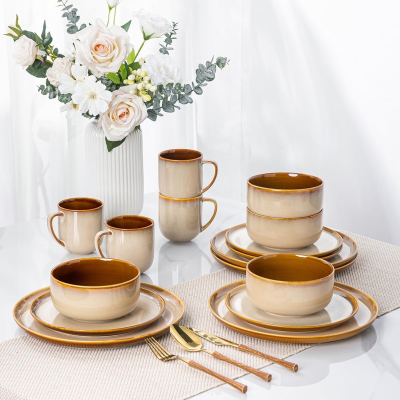 LeRatio Ceramic Dinnerware Sets for 6,Poreclain Plates and Bowls Sets,Handmade