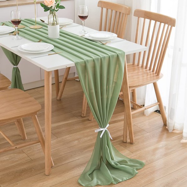 CHUQING Table Runner Chiffon, Sage Green - Green, 70 x 300 cm, Washable, for Indoor and Outdoor Use