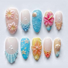 24 Summer Starfish Press on Nails Medium Almond French Tip Fake Nails 3d Flower Sea Shell Design with Rhinestones Pearl Full Cover Acrylic Colorful Flower False Stick on Nail for Women Manicure Salon