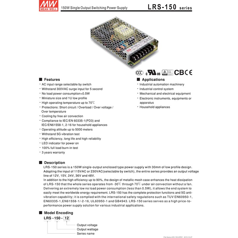 MEAN WELL LRS-150-48 150W 48V 3.3A Switching Mode Power Supply