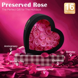 MAMAMIKO 16 Forever Real Rose Heart Box,Eternal Preserved Pink Roses Flowers,Rose Gifts for Her Woman Wife Girlfriend on Birthday, Anniversary, Valentine's Day, Mother's Day, Christmas