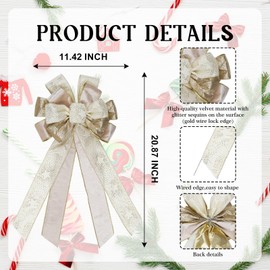 YKW Gran Lazo de Navidad 53.34 cm x 27.94 cm Crema Oro Purpurina Adorno para la Parte Superior del Árbol de Navidad Corona Puerta Decoración para Vacaciones Premium Hecho a Mano Cinta de Terciopelo