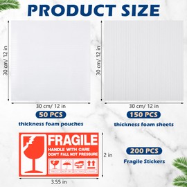 Berlune 200 Pack Foam Sheets Foam Pouches Bulk for Packing Dishes Glasses, Packing Supplies for Moving Cushioning Moving Supplies with 200 Fragile Stickers Labels(12" X 12")