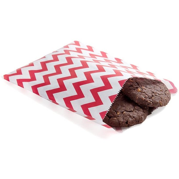 Disposable Paper Bags, Cookie Bags, Deli Bags, Bakery Bags - Red and White Zig Zags - 7" x 5" - 100ct Box - Restaurantware